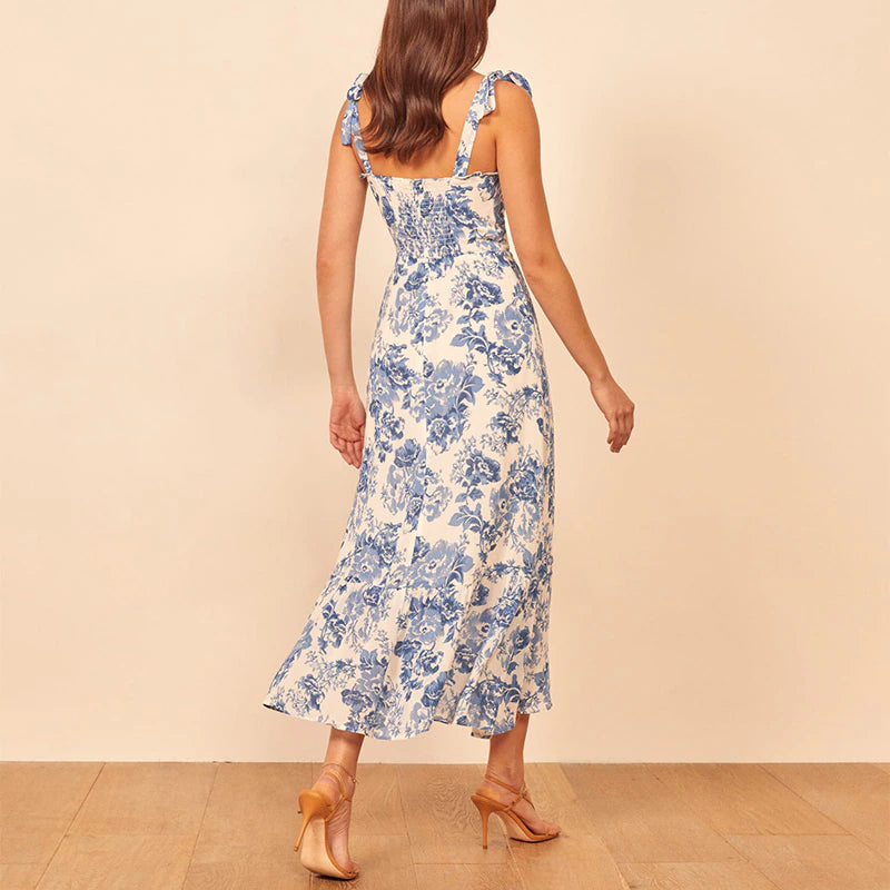 Summer Dresses Women 2020 Vintage Blue White Floral Print Dress Woman Sexy Spaghetti Strap Tie Chiffon Elegant Ruffle Midi Dress