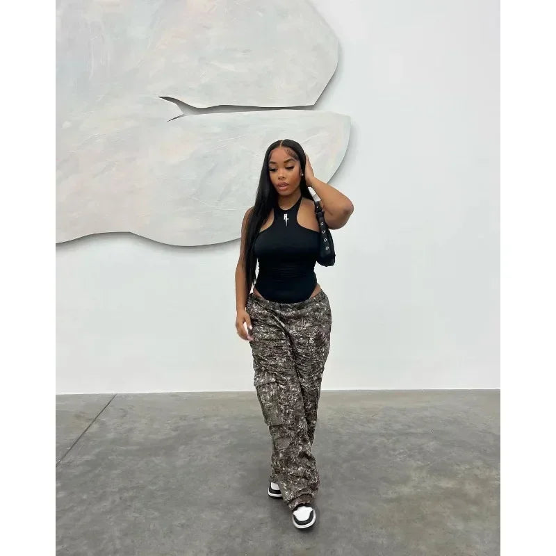 Camouflage Women Cargo Pants Mid Waist Side Pocket Wide-Leg Trousers Hip-Hop Streetwear Y2K Club Fashion Women Clothing