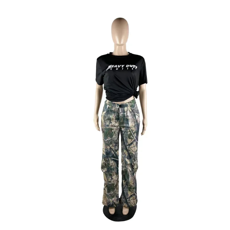 Camouflage Women Cargo Pants Mid Waist Side Pocket Wide-Leg Trousers Hip-Hop Streetwear Y2K Club Fashion Women Clothing