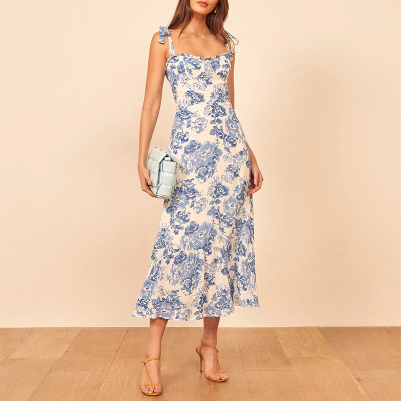 Summer Dresses Women 2020 Vintage Blue White Floral Print Dress Woman Sexy Spaghetti Strap Tie Chiffon Elegant Ruffle Midi Dress