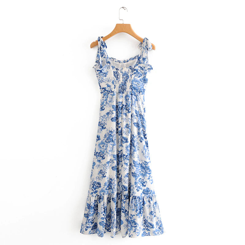 Summer Dresses Women 2020 Vintage Blue White Floral Print Dress Woman Sexy Spaghetti Strap Tie Chiffon Elegant Ruffle Midi Dress