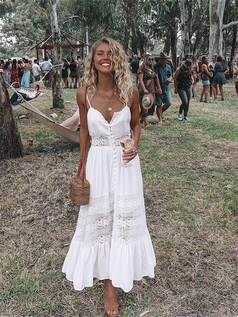 Summer Fashion Boho Long Dress Women Ladies Sleeveless White Lace Beach Dress Evening Party Casual Dresses Vestidos